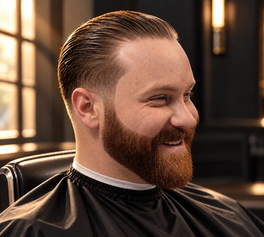 A smiling client with a sculpted red beard and slick side part
