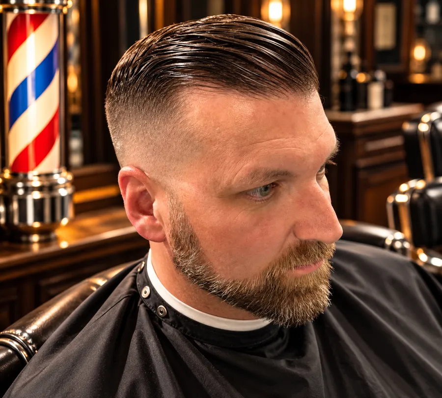 A client's slicked-back skin fade beside the barber pole