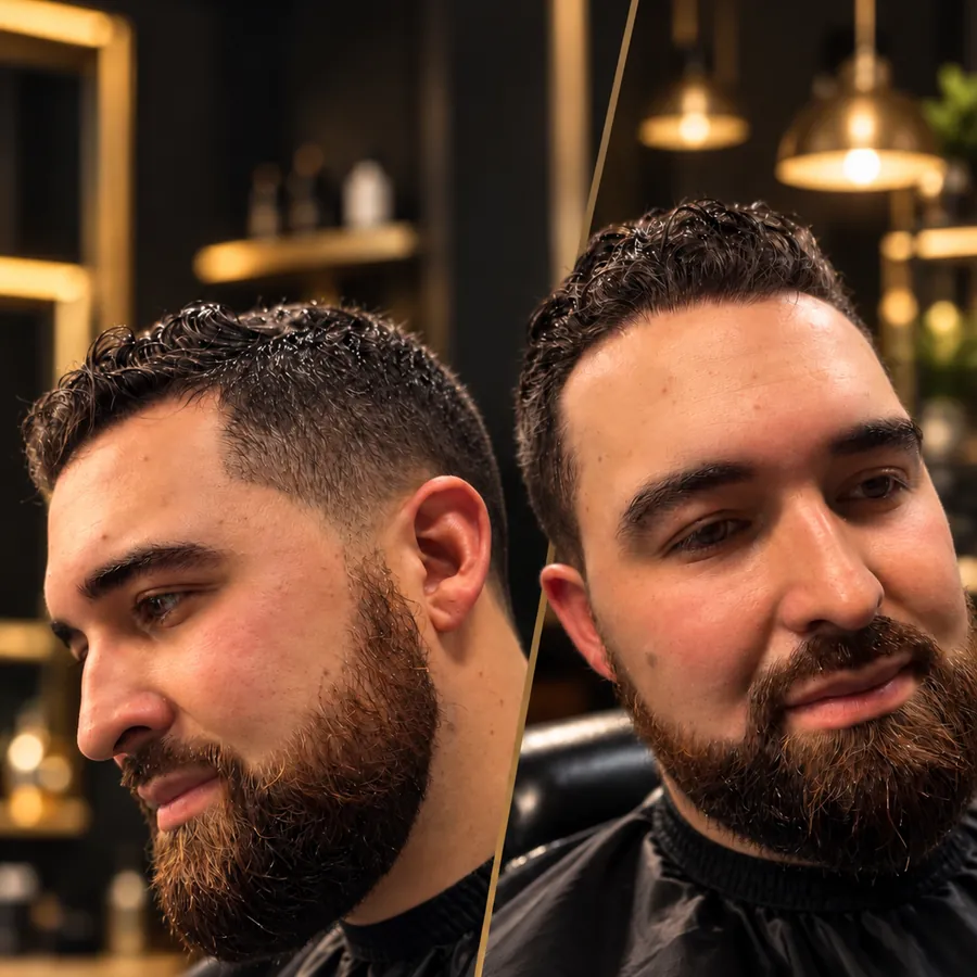 The Crop and Beard: Textured crop on top, tapered sides, a full beard kept even.