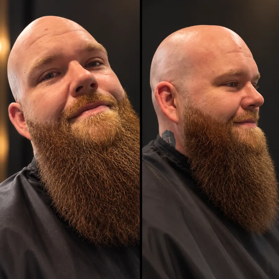 The Bald and Bearded: Smooth head, long full beard trimmed and shaped.